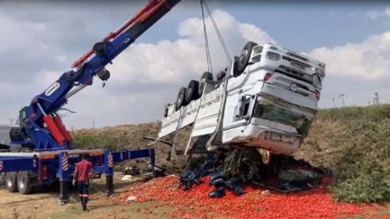 Adana'da domates yüklü kamyon şarampole devrildi